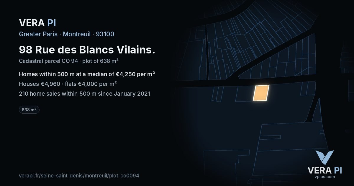 98 Rue des Blancs Vilains, Montreuil at night – the plot lit, the parcels around coloured by the prices near them