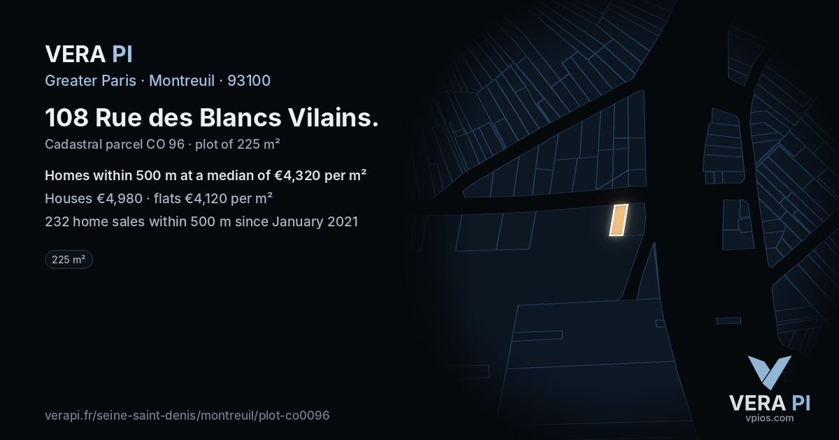 108 Rue des Blancs Vilains, Montreuil at night – the plot lit, the parcels around coloured by the prices near them