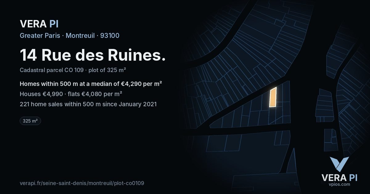 14 Rue des Ruines, Montreuil at night – the plot lit, the parcels around coloured by the prices near them