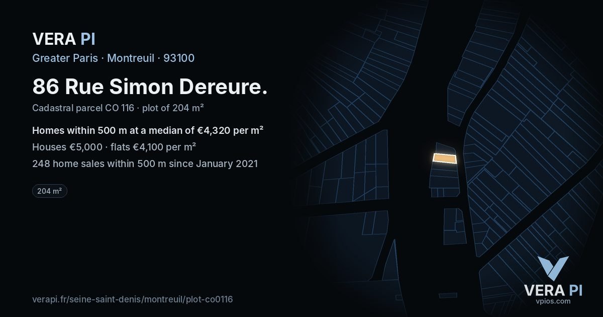 86 Rue Simon Dereure, Montreuil at night – the plot lit, the parcels around coloured by the prices near them