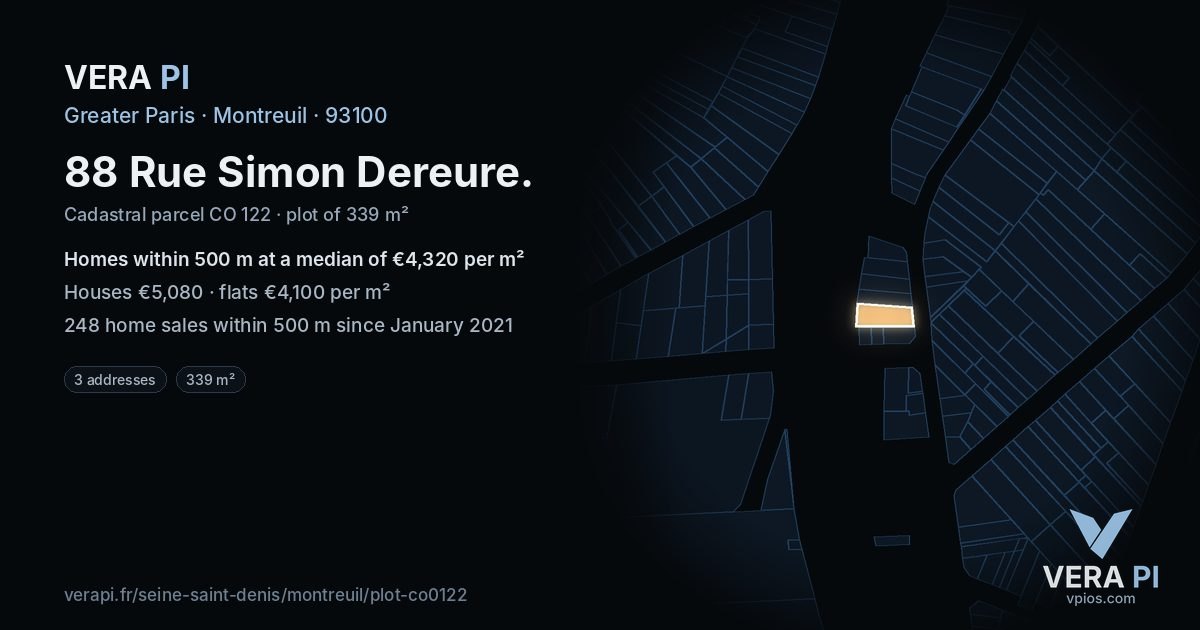 88 Rue Simon Dereure, Montreuil at night – the plot lit, the parcels around coloured by the prices near them