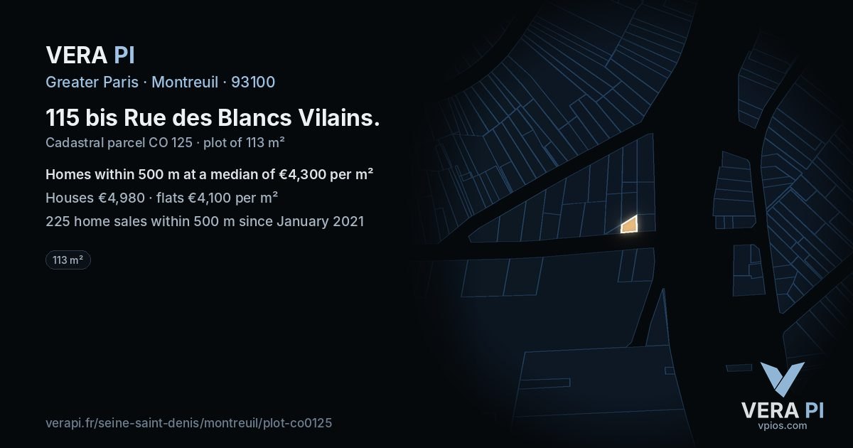 115 bis Rue des Blancs Vilains, Montreuil at night – the plot lit, the parcels around coloured by the prices near them