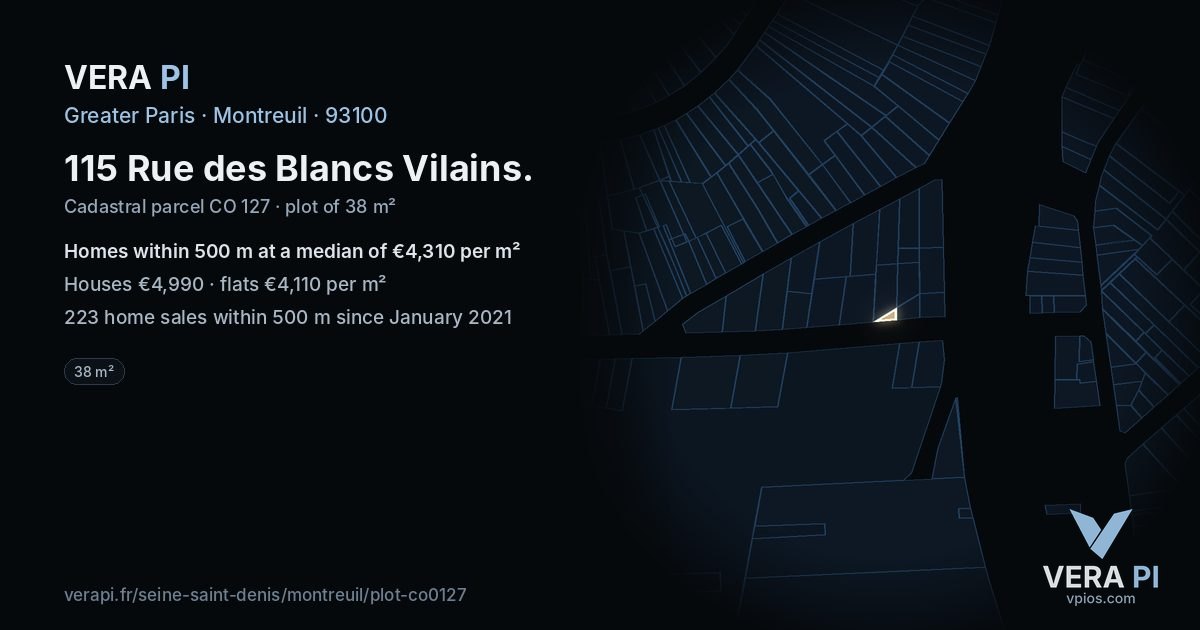 115 Rue des Blancs Vilains, Montreuil at night – the plot lit, the parcels around coloured by the prices near them