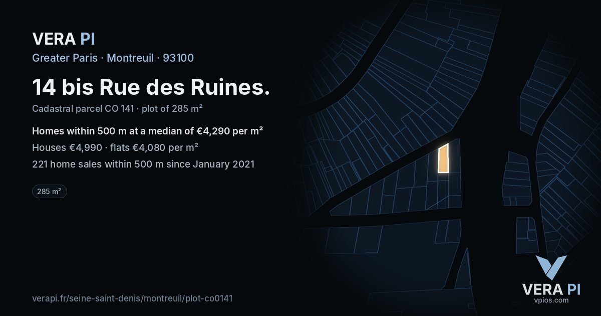 14 bis Rue des Ruines, Montreuil at night – the plot lit, the parcels around coloured by the prices near them