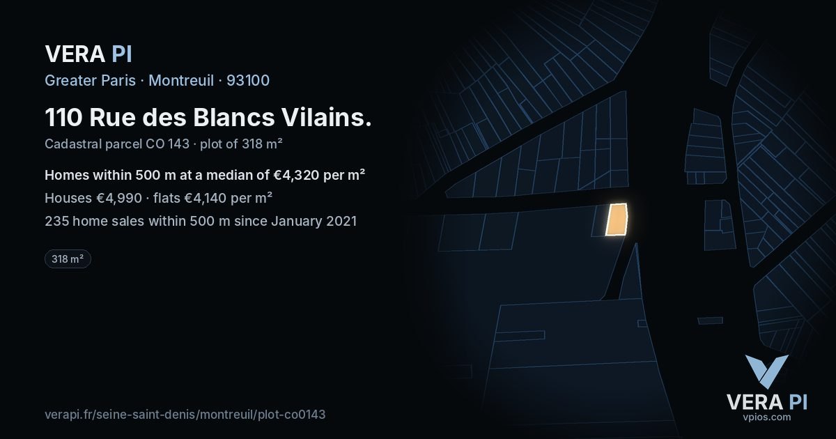 110 Rue des Blancs Vilains, Montreuil at night – the plot lit, the parcels around coloured by the prices near them