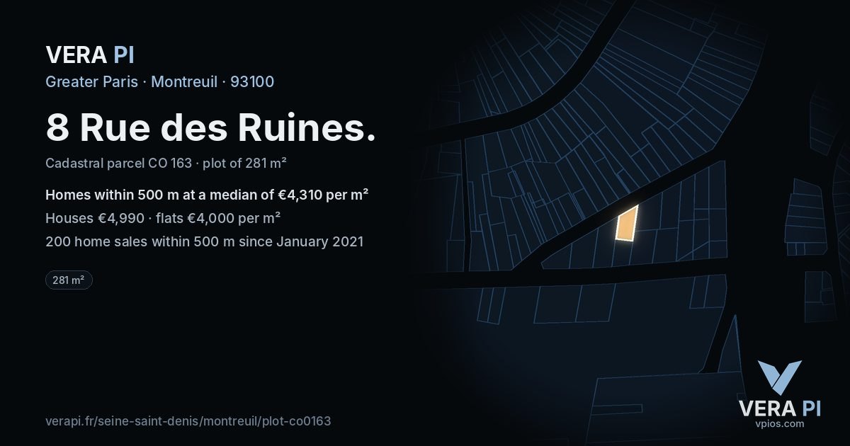 8 Rue des Ruines, Montreuil at night – the plot lit, the parcels around coloured by the prices near them