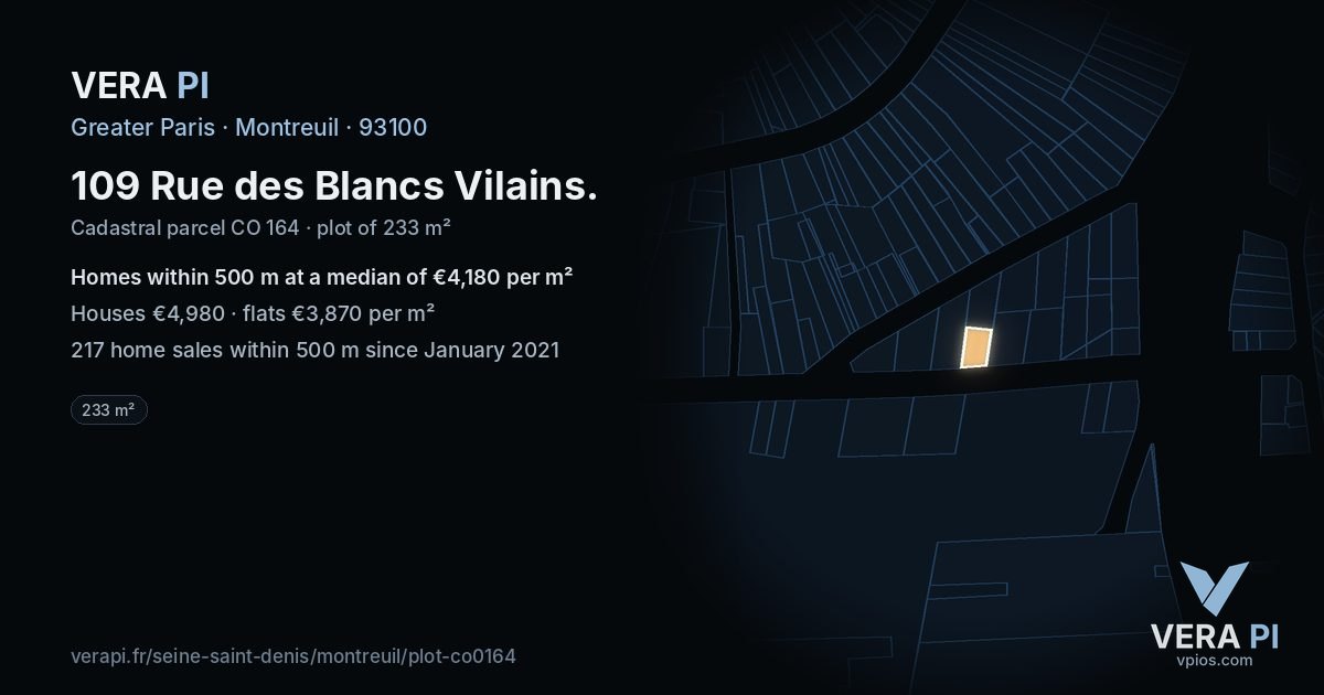 109 Rue des Blancs Vilains, Montreuil at night – the plot lit, the parcels around coloured by the prices near them