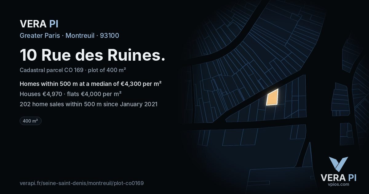 10 Rue des Ruines, Montreuil at night – the plot lit, the parcels around coloured by the prices near them