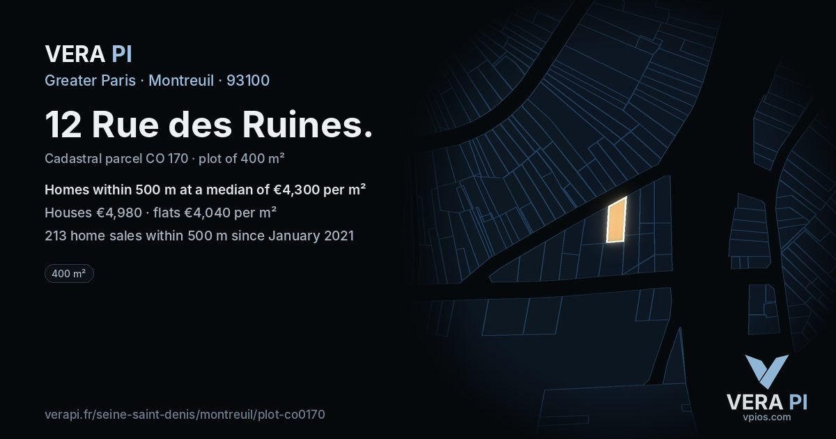 12 Rue des Ruines, Montreuil at night – the plot lit, the parcels around coloured by the prices near them