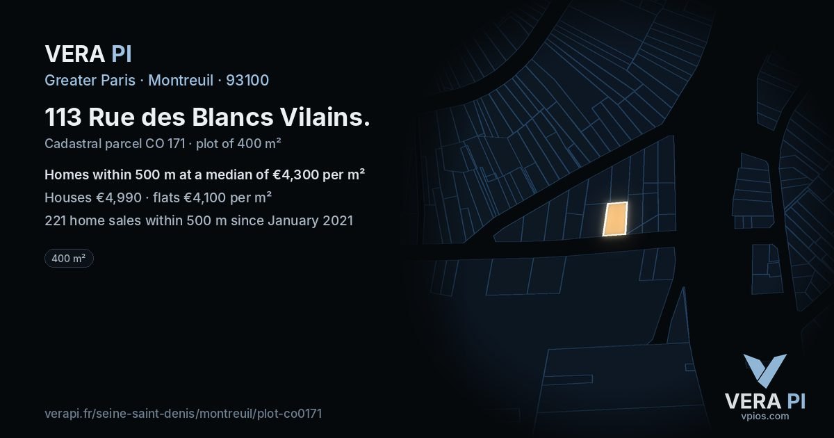 113 Rue des Blancs Vilains, Montreuil at night – the plot lit, the parcels around coloured by the prices near them