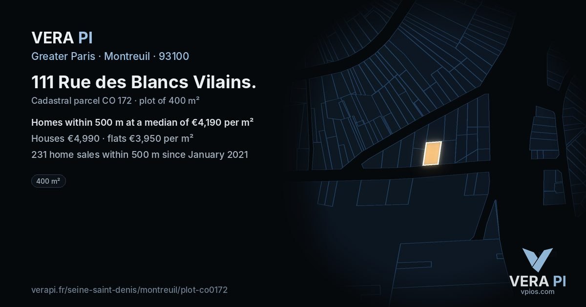 111 Rue des Blancs Vilains, Montreuil at night – the plot lit, the parcels around coloured by the prices near them