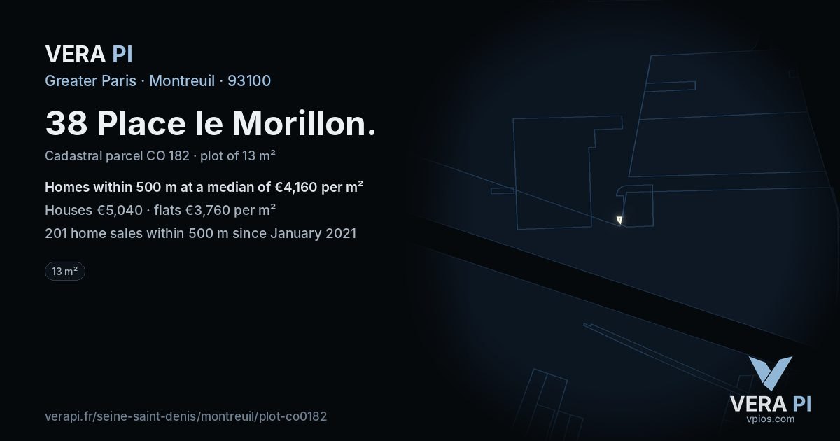 38 Place le Morillon, Montreuil at night – the plot lit, the parcels around coloured by the prices near them