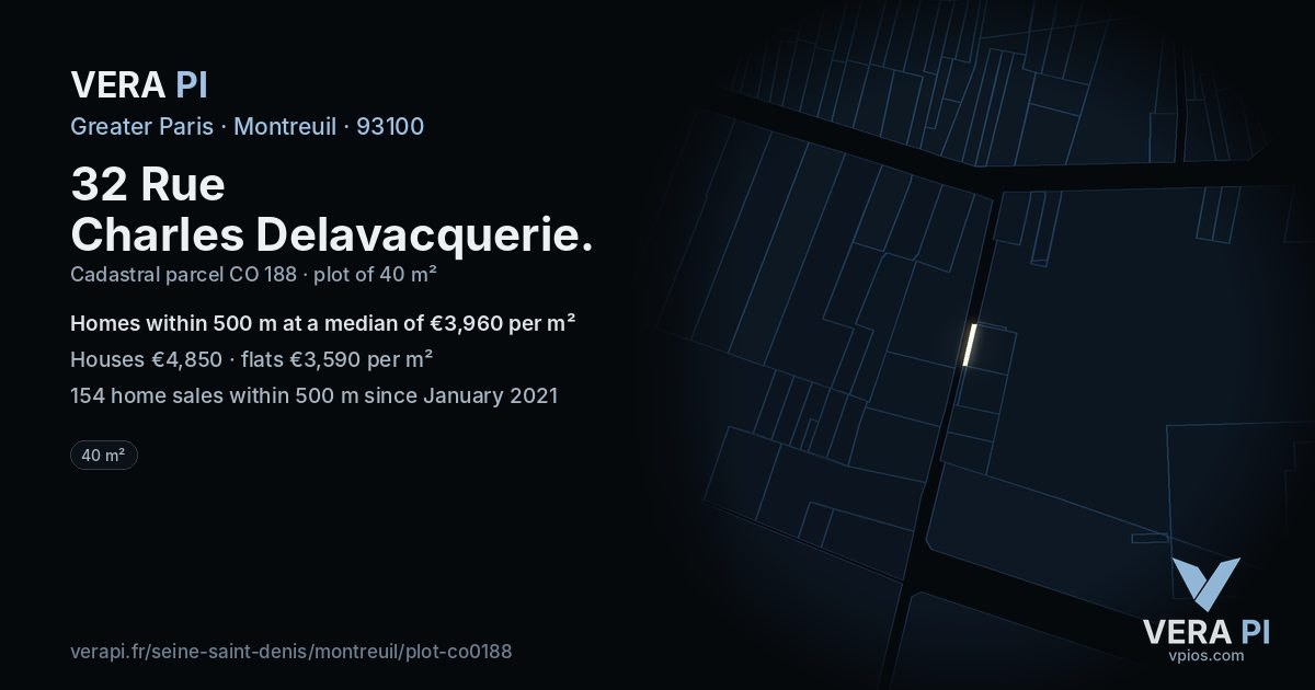 32 Rue Charles Delavacquerie, Montreuil at night – the plot lit, the parcels around coloured by the prices near them