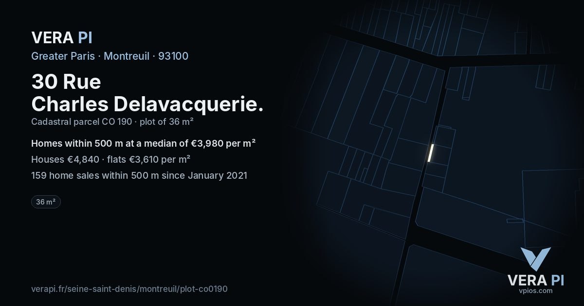 30 Rue Charles Delavacquerie, Montreuil at night – the plot lit, the parcels around coloured by the prices near them
