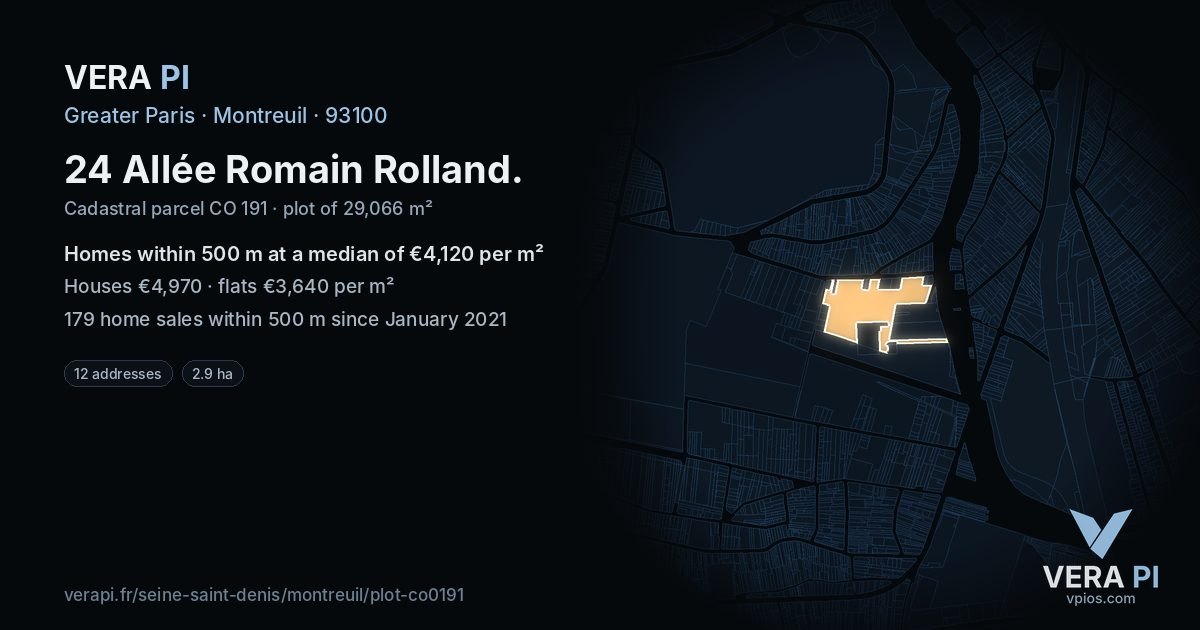 24 Allée Romain Rolland, Montreuil at night – the plot lit, the parcels around coloured by the prices near them