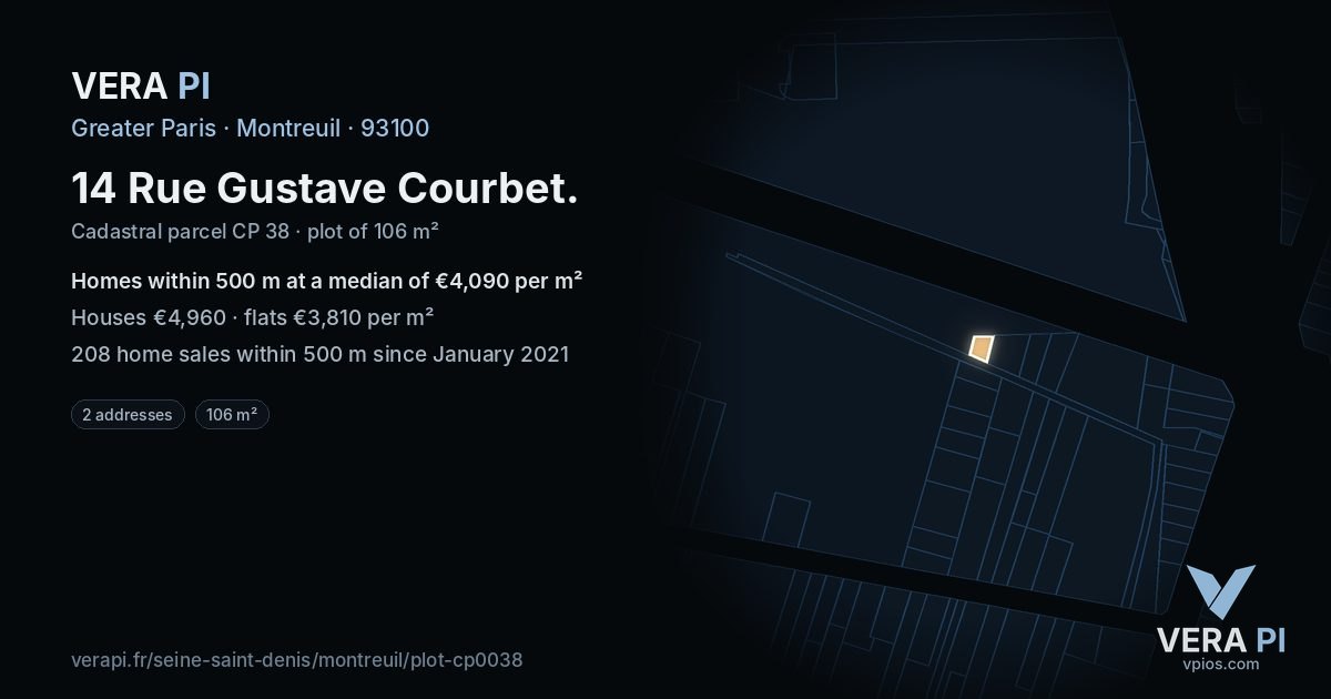 14 Rue Gustave Courbet, Montreuil at night – the plot lit, the parcels around coloured by the prices near them