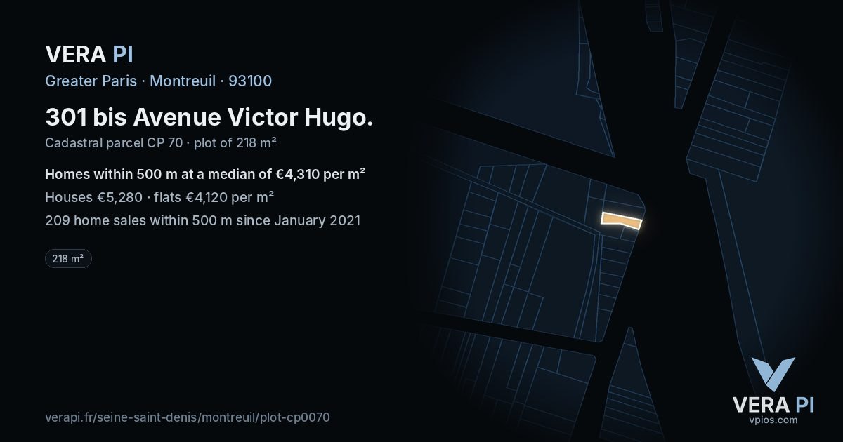 301 bis Avenue Victor Hugo, Montreuil at night – the plot lit, the parcels around coloured by the prices near them