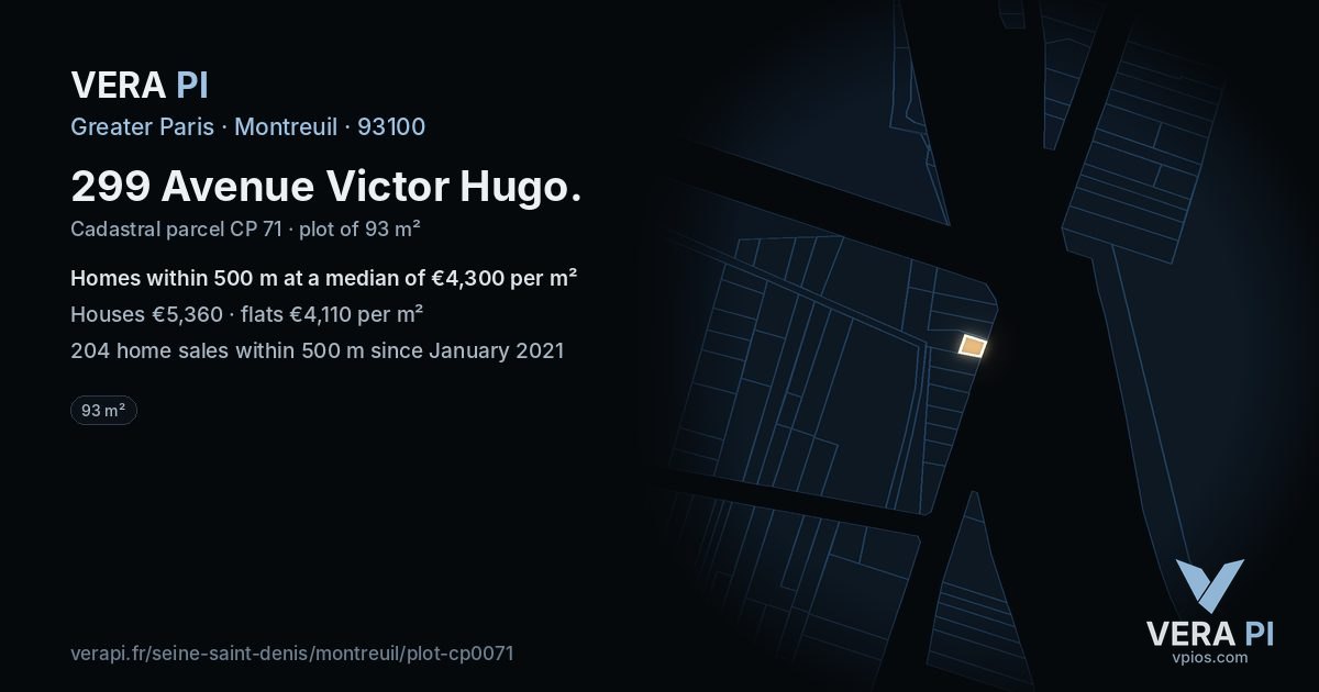 299 Avenue Victor Hugo, Montreuil at night – the plot lit, the parcels around coloured by the prices near them