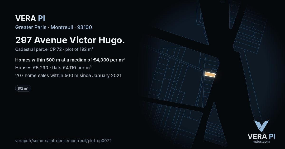 297 Avenue Victor Hugo, Montreuil at night – the plot lit, the parcels around coloured by the prices near them