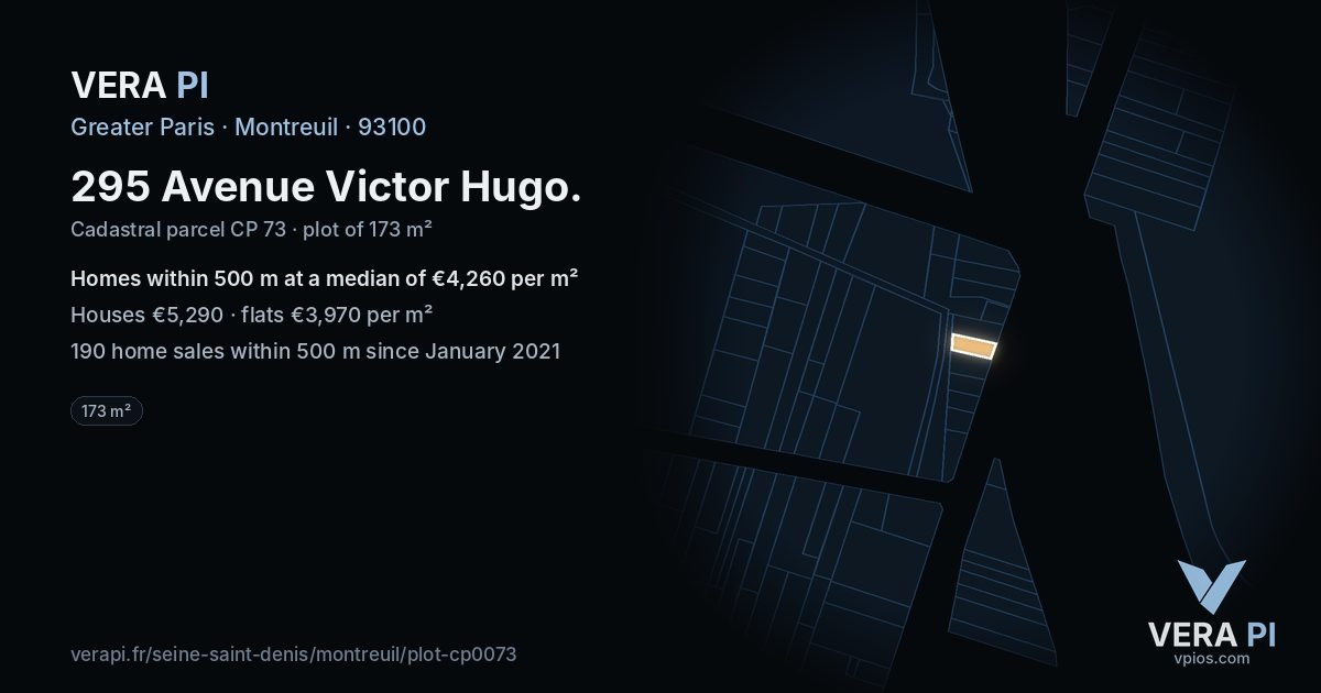295 Avenue Victor Hugo, Montreuil at night – the plot lit, the parcels around coloured by the prices near them