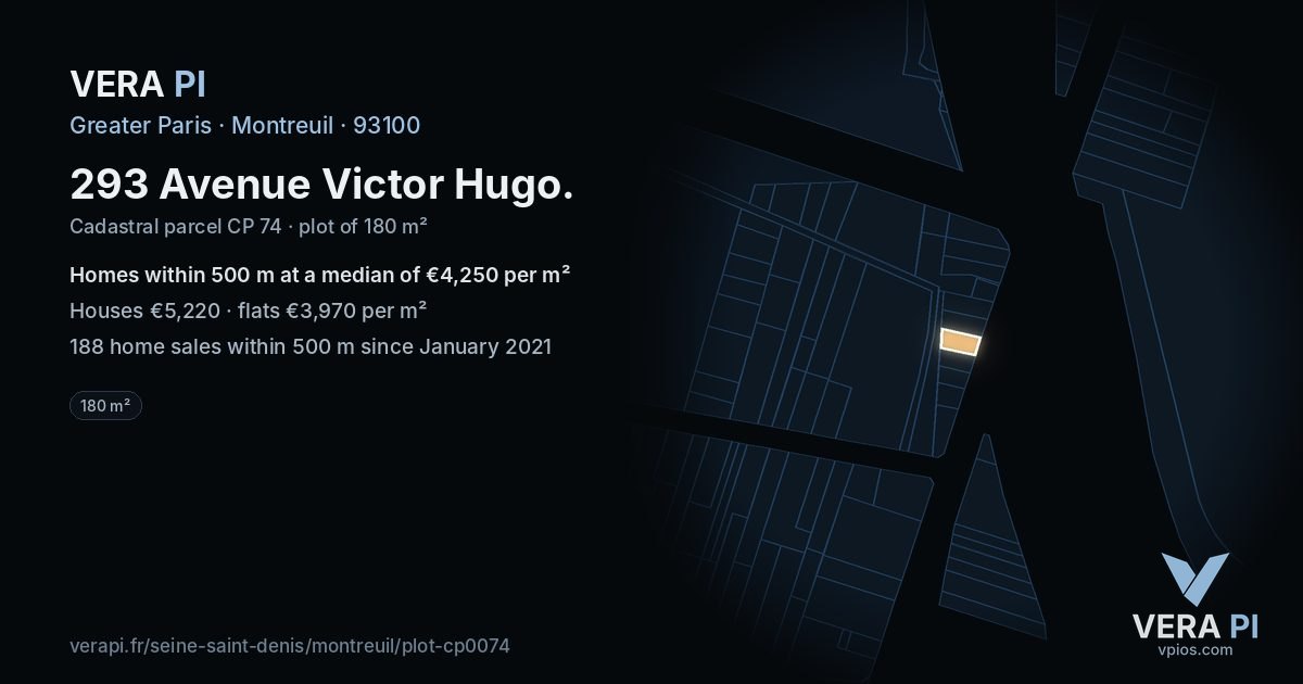 293 Avenue Victor Hugo, Montreuil at night – the plot lit, the parcels around coloured by the prices near them