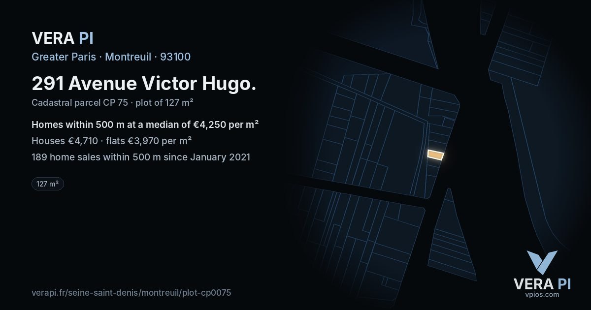 291 Avenue Victor Hugo, Montreuil at night – the plot lit, the parcels around coloured by the prices near them