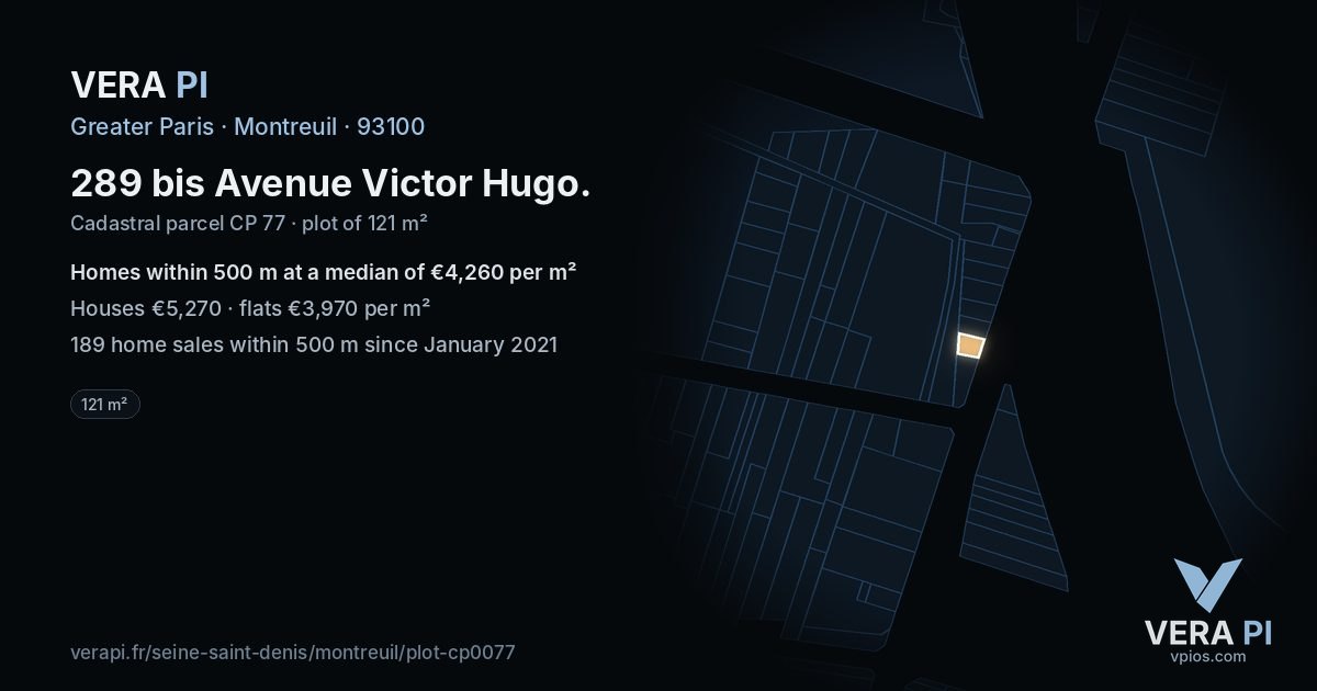 289 bis Avenue Victor Hugo, Montreuil at night – the plot lit, the parcels around coloured by the prices near them