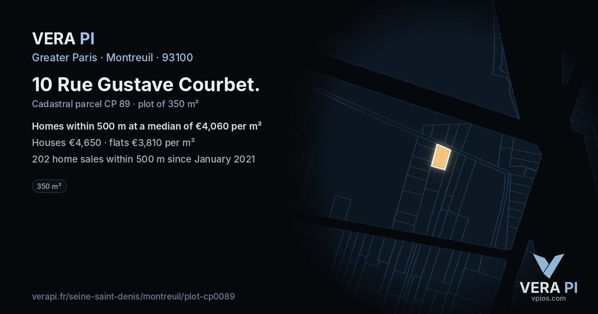 10 Rue Gustave Courbet, Montreuil at night – the plot lit, the parcels around coloured by the prices near them