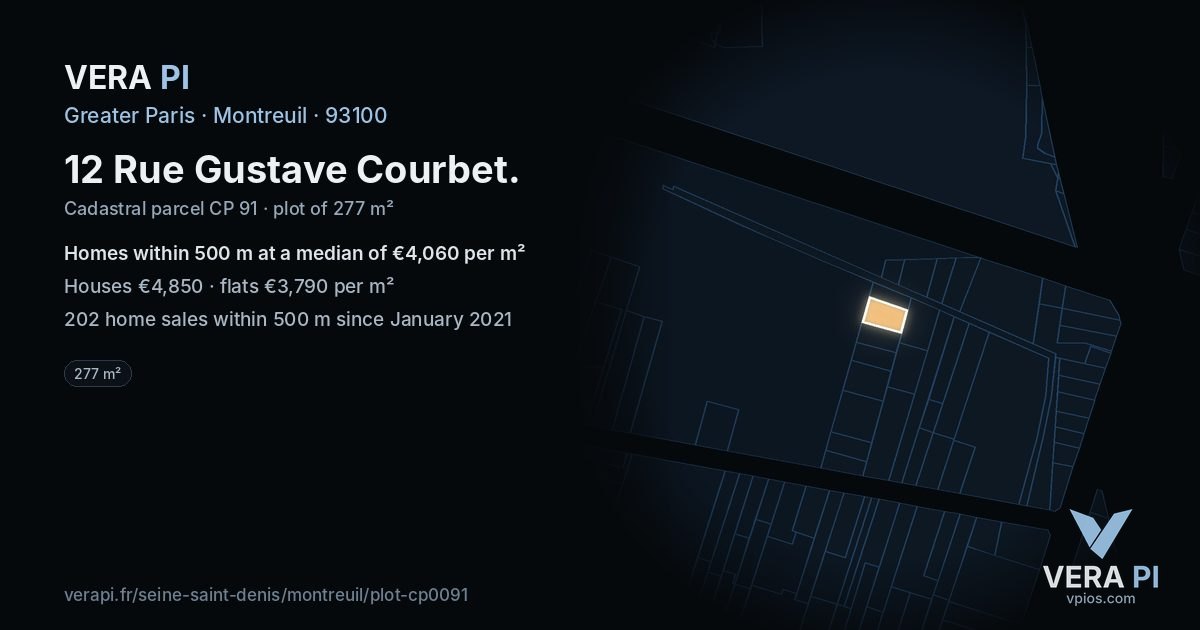12 Rue Gustave Courbet, Montreuil at night – the plot lit, the parcels around coloured by the prices near them