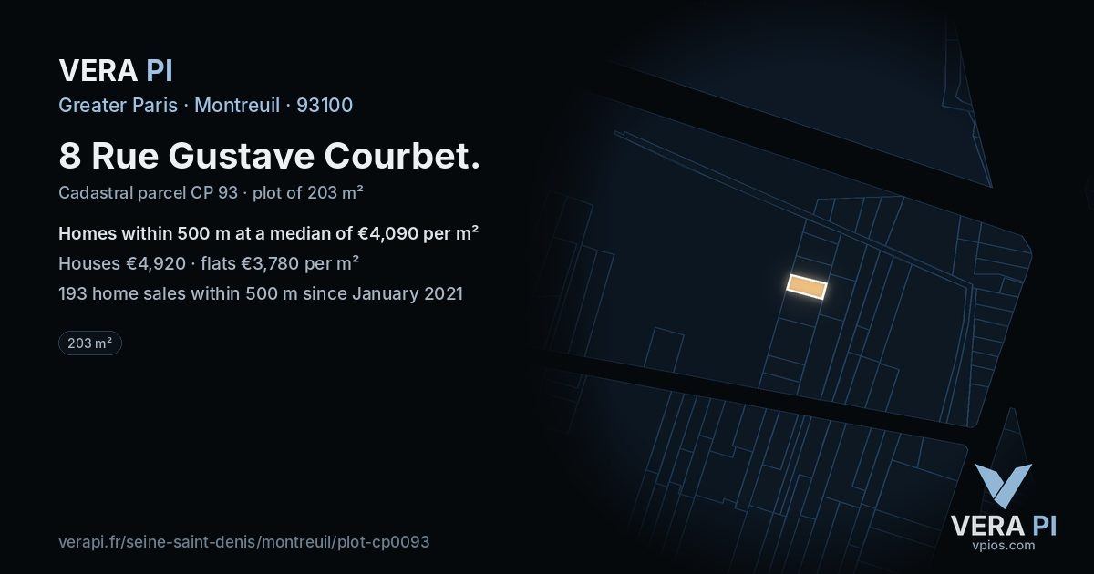 8 Rue Gustave Courbet, Montreuil at night – the plot lit, the parcels around coloured by the prices near them