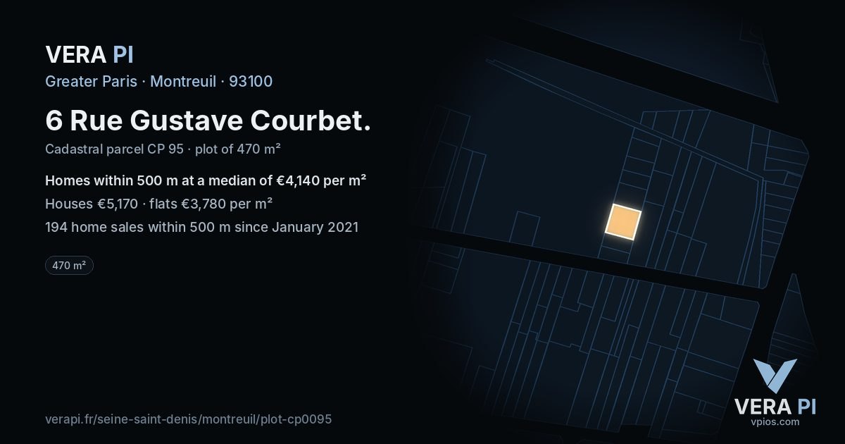 6 Rue Gustave Courbet, Montreuil at night – the plot lit, the parcels around coloured by the prices near them