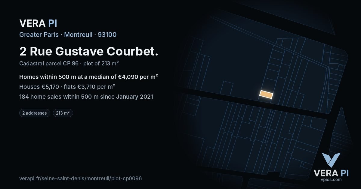 2 Rue Gustave Courbet, Montreuil at night – the plot lit, the parcels around coloured by the prices near them