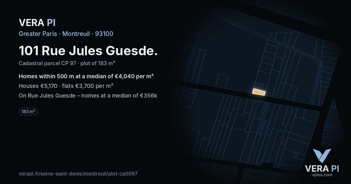 101 Rue Jules Guesde, Montreuil at night – the plot lit, the parcels around coloured by the prices near them