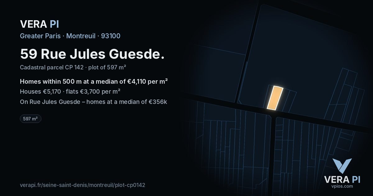 59 Rue Jules Guesde, Montreuil at night – the plot lit, the parcels around coloured by the prices near them