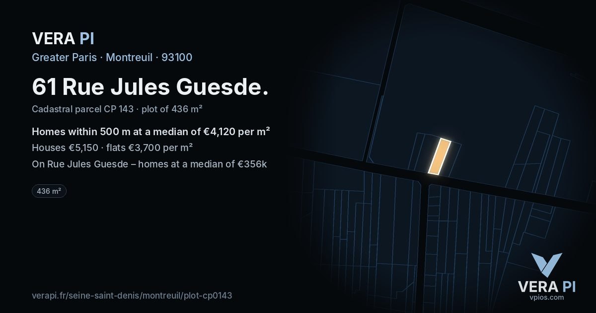 61 Rue Jules Guesde, Montreuil at night – the plot lit, the parcels around coloured by the prices near them