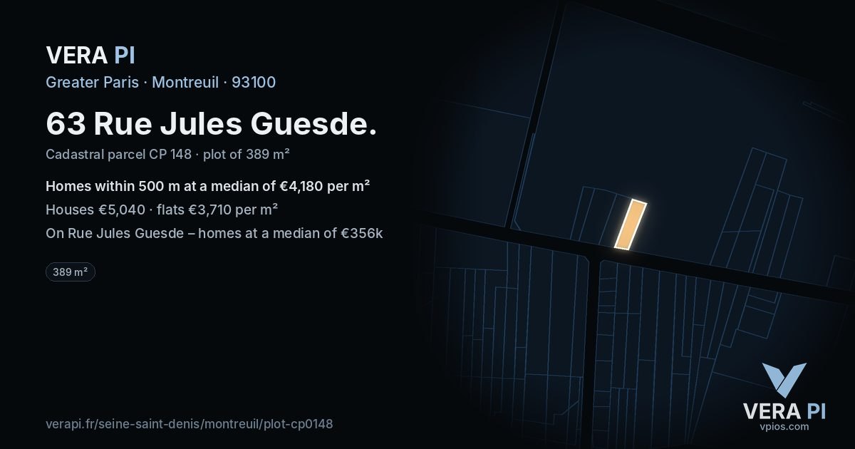63 Rue Jules Guesde, Montreuil at night – the plot lit, the parcels around coloured by the prices near them
