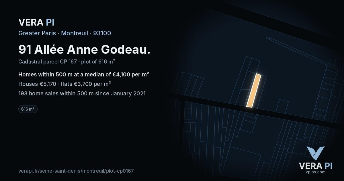91 Allée Anne Godeau, Montreuil at night – the plot lit, the parcels around coloured by the prices near them