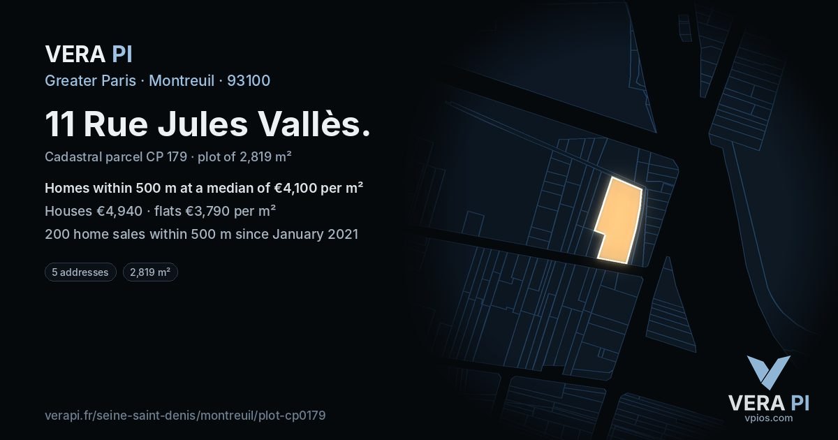 11 Rue Jules Vallès, Montreuil at night – the plot lit, the parcels around coloured by the prices near them