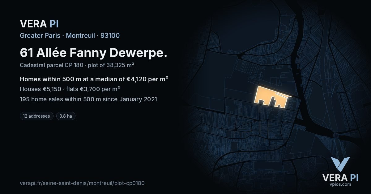 61 Allée Fanny Dewerpe, Montreuil at night – the plot lit, the parcels around coloured by the prices near them