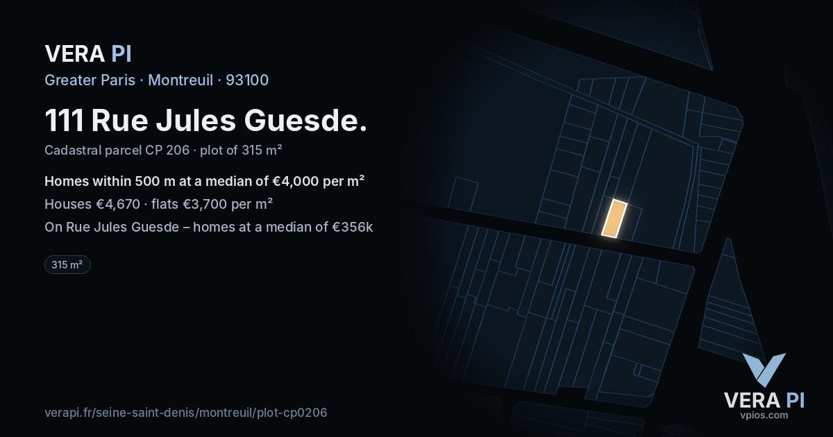 111 Rue Jules Guesde, Montreuil at night – the plot lit, the parcels around coloured by the prices near them