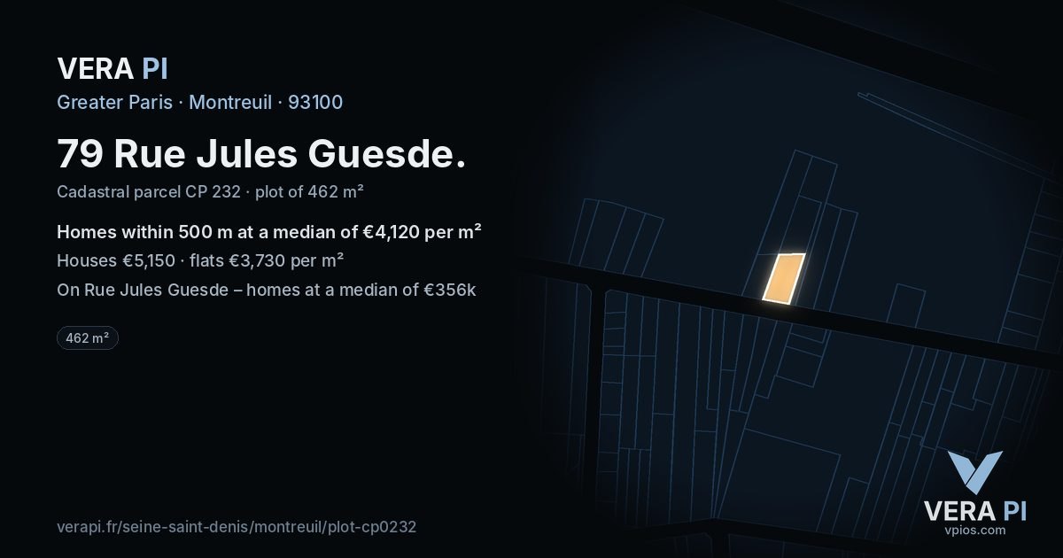 79 Rue Jules Guesde, Montreuil at night – the plot lit, the parcels around coloured by the prices near them