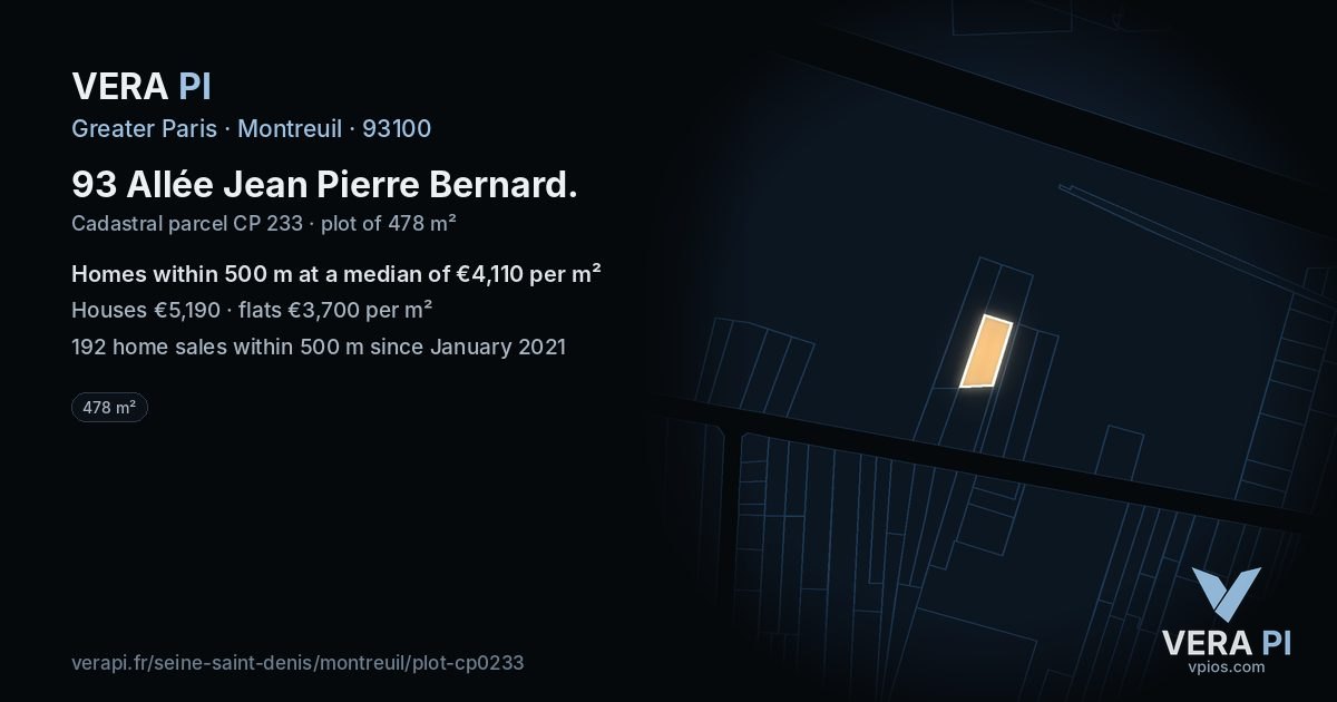 93 Allée Jean Pierre Bernard, Montreuil at night – the plot lit, the parcels around coloured by the prices near them
