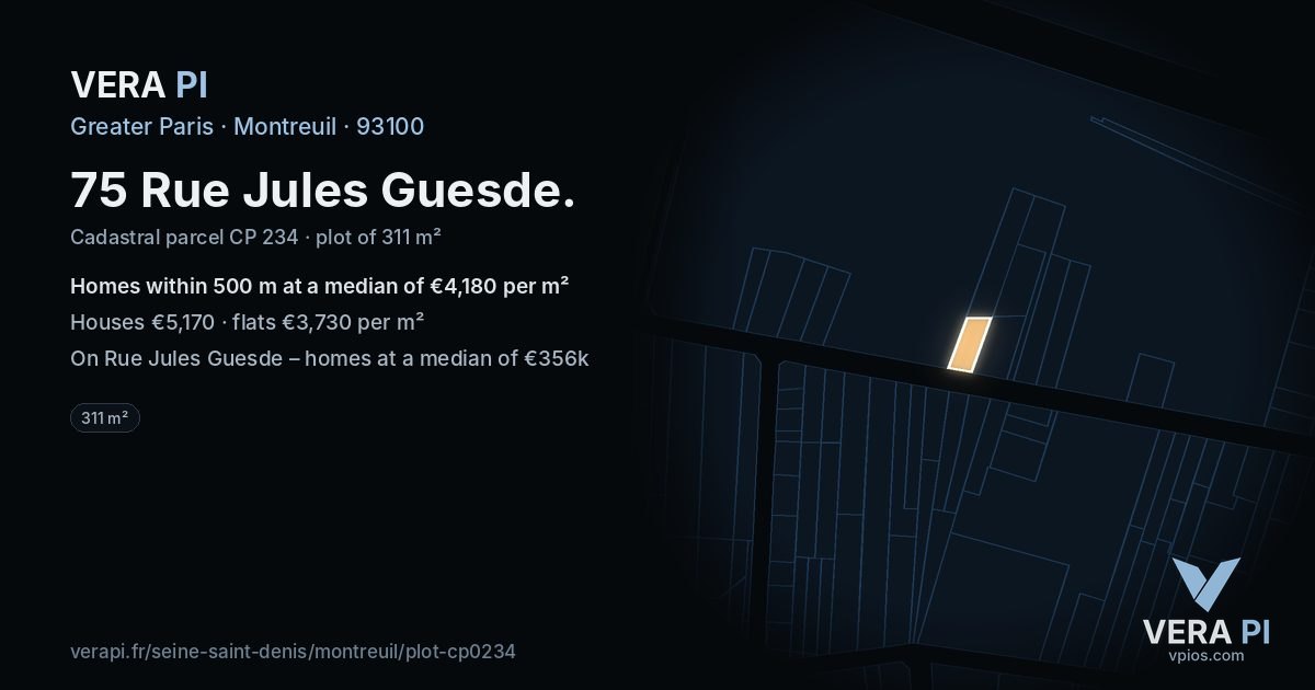 75 Rue Jules Guesde, Montreuil at night – the plot lit, the parcels around coloured by the prices near them