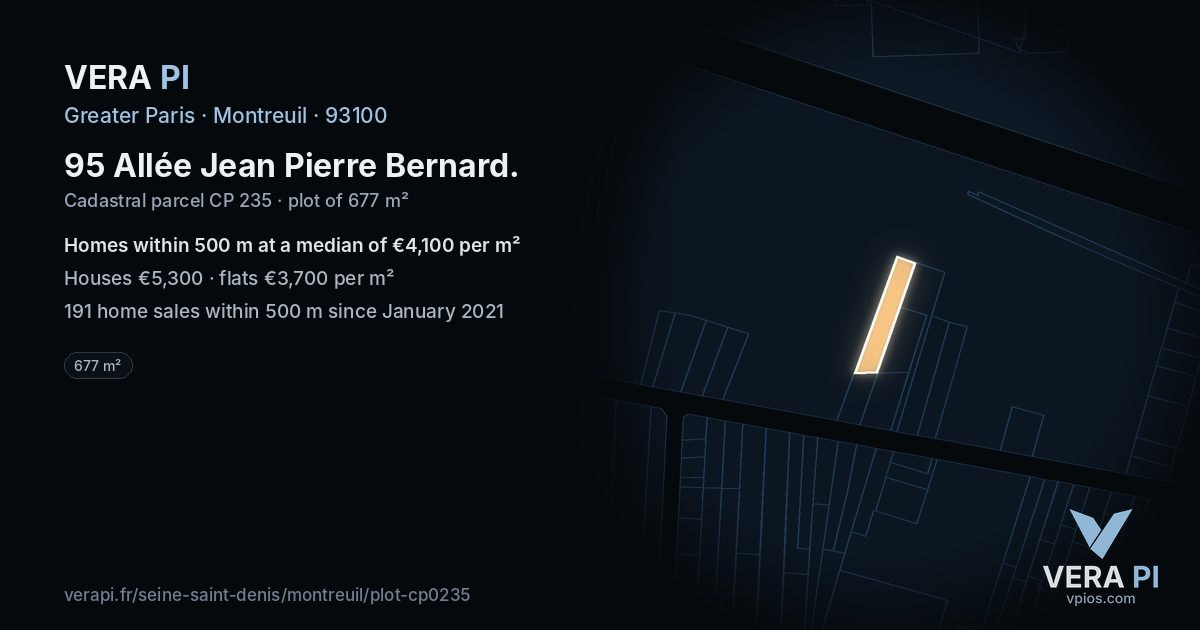 95 Allée Jean Pierre Bernard, Montreuil at night – the plot lit, the parcels around coloured by the prices near them
