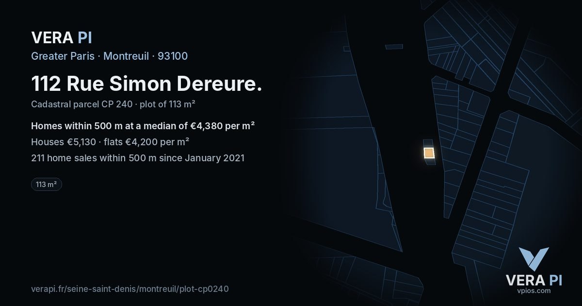 112 Rue Simon Dereure, Montreuil at night – the plot lit, the parcels around coloured by the prices near them