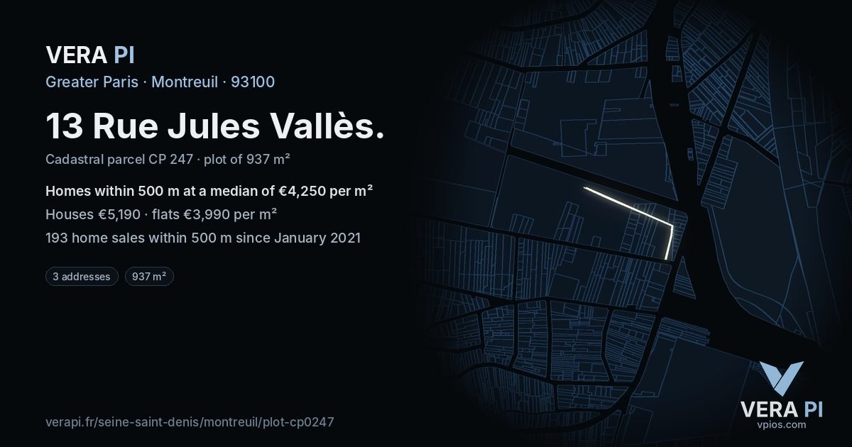 13 Rue Jules Vallès, Montreuil at night – the plot lit, the parcels around coloured by the prices near them