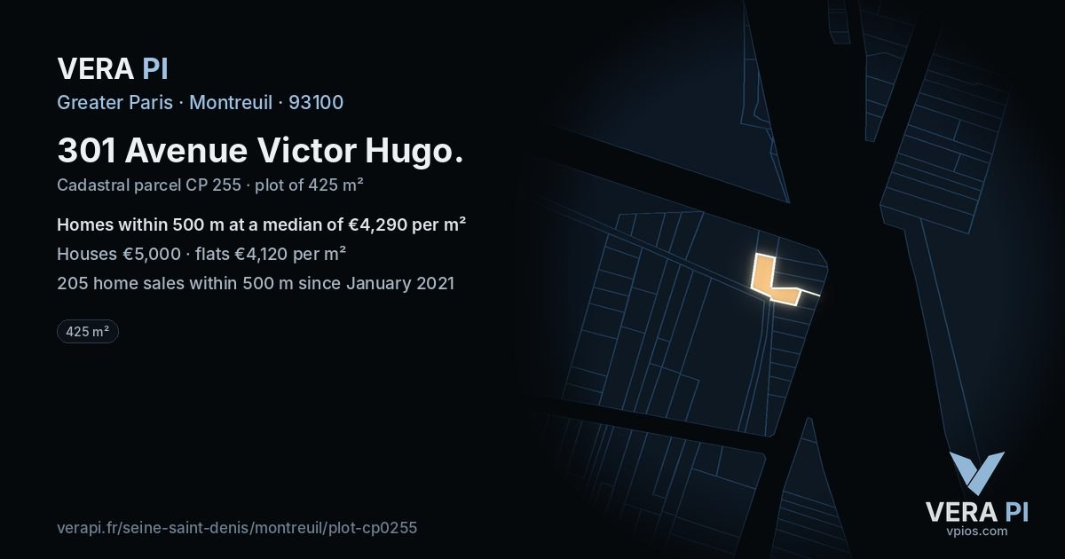 301 Avenue Victor Hugo, Montreuil at night – the plot lit, the parcels around coloured by the prices near them