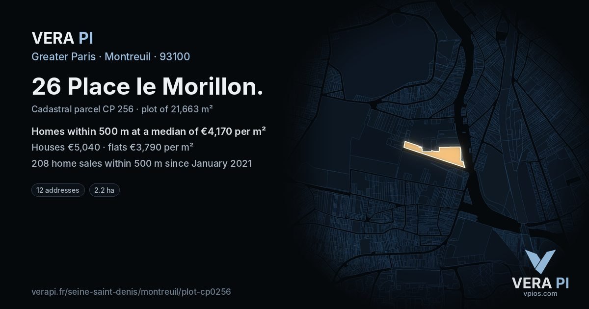 26 Place le Morillon, Montreuil at night – the plot lit, the parcels around coloured by the prices near them