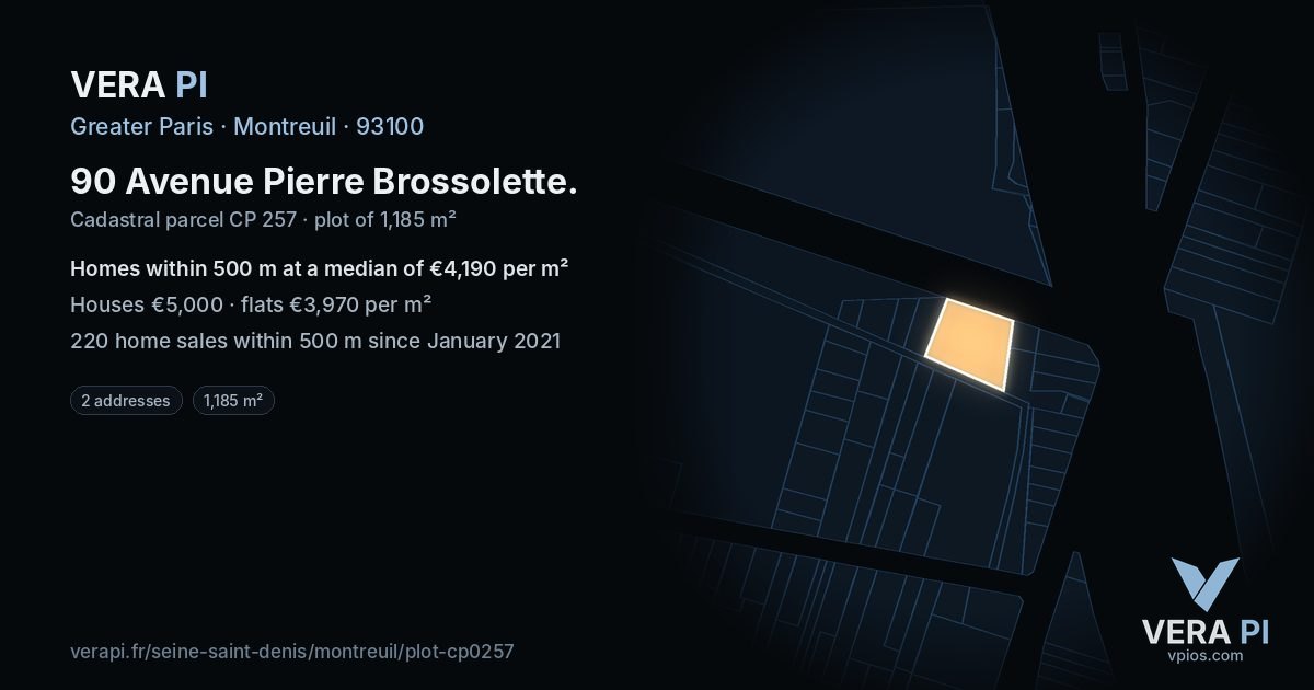 90 Avenue Pierre Brossolette, Montreuil at night – the plot lit, the parcels around coloured by the prices near them