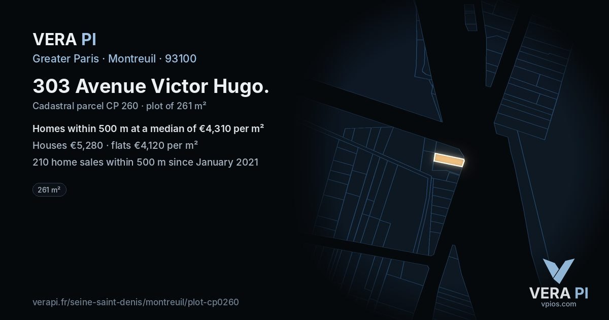 303 Avenue Victor Hugo, Montreuil at night – the plot lit, the parcels around coloured by the prices near them